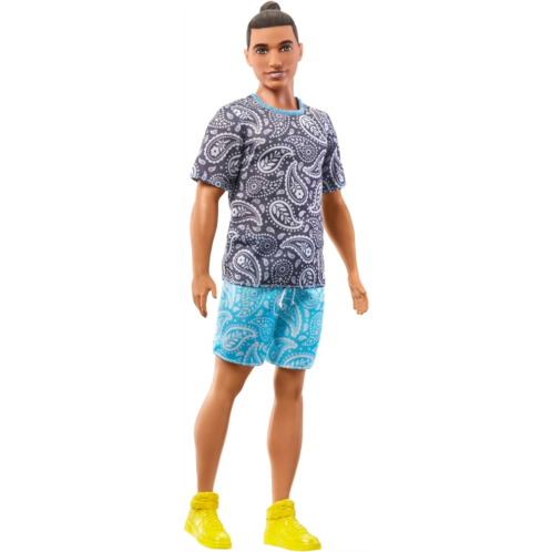 Barbie Fashionistas Ken Fashion Doll #204 with Man Bun in Paisley Tee, Shorts & Yellow Sneakers
