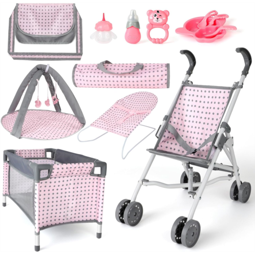 deAO Baby Doll Stroller Crib Bed Nursery Role Play Set Baby Doll with Accessories and Play Mat,Travel Cot,Bouncer,Foldable Stroller and Travel Bag Gifts for Toddlers Girls Boys