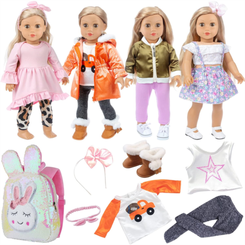 Ecore Fun 4 Sets 18 Inch Doll Clothes and Shoe and Cute Bag for Kids Casual Wear Oufits for 18 Inch Girl Doll Clothes with Hair Band Easter Bunny Backpack Birthday Gift for Kids