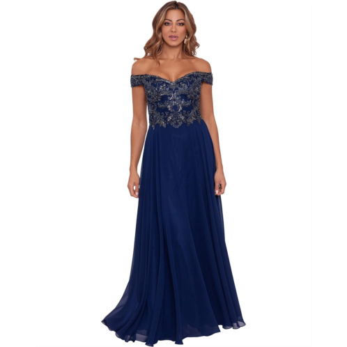 XSCAPE Long Off-the-Shoulder Chiffon with Bead Top