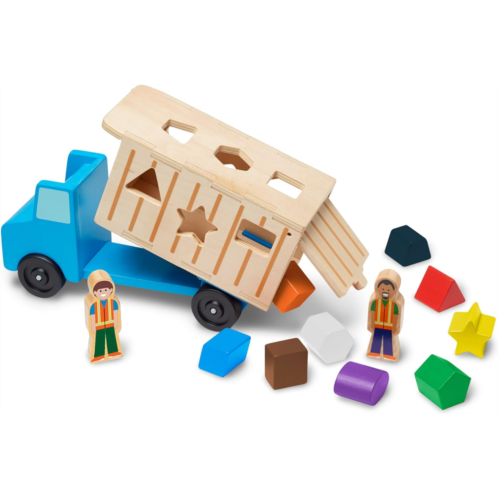 Melissa & Doug Shape-Sorting Wooden Dump Truck Toy With 9 Colorful Shapes and 2 Play Figures Wooden Vehicle Toys, Shape Sorter Toys For Toddlers Ages 2+