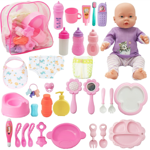 SOTOGO 34 Pieces Baby Doll Care Set Doll Feeding and Changing Accessories Set Baby Doll Accessories in Bag, Without Doll