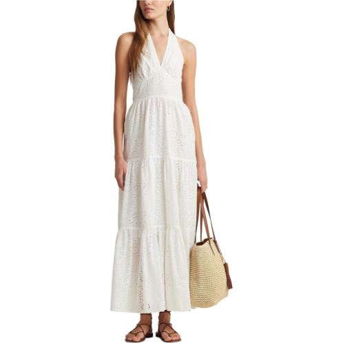 POLO RALPH LAUREN Womens Lauren Ralph Lauren Eyelet Cotton Tiered Halter Dress