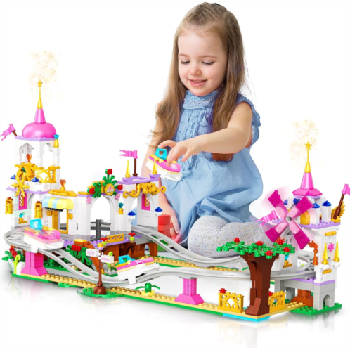 HOGOKIDS Friend Roller Coaster Building Set - 711 Pieces Girls Amusement Building Block Kit STEM Playground Park Pink Construction Birthday Gift Toys for Kids Girls Boys Aged 6 7 8