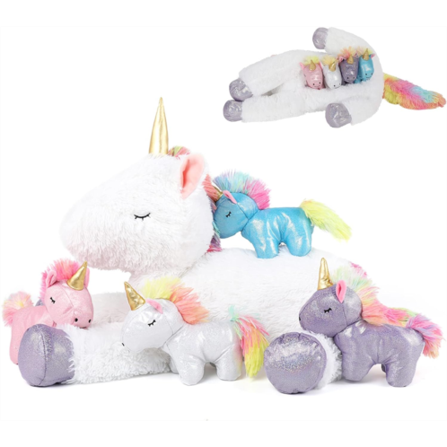 Tezituor 24 Inches Unicorn Plush Toy Set for Girls,4 Colorful Unicorns in Mommy Unicorns Belly,Unique Stuffed Unicorns Gifts for Children.