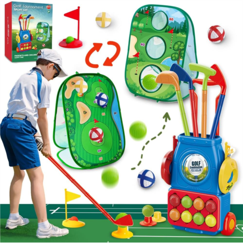 VATOS Golf Set for Kids, 34PCS Kids Golf Clubs Kit with Double-Sided Golf Board, Golf cart, 4 Colorful Golf Clubs, 14 Balls, 2 Practice Holes & Bases, Golf mat, Toddler Golf Set Ga