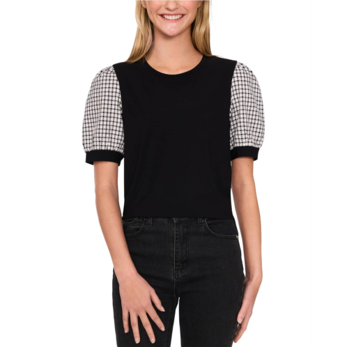 Womens CeCe Puff Short Sleeves Mix Media Top