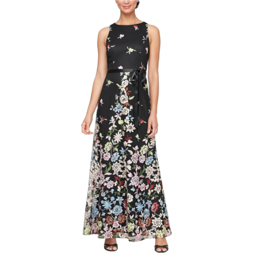 Alex Evenings Long Embroidered A-Line Dress with Satin Tie Belt