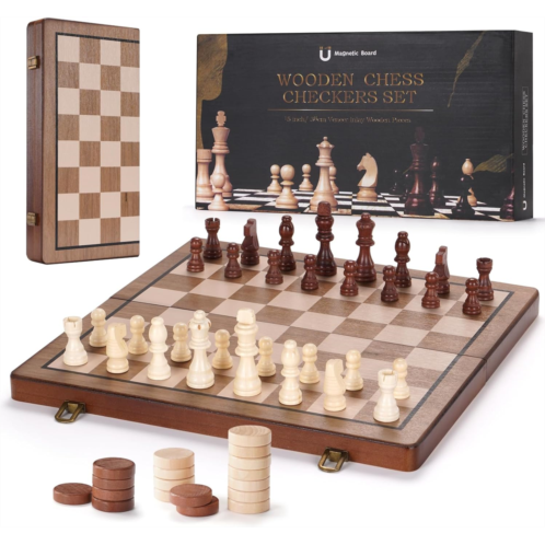 CyberSphere Chess Set 15 inch Wooden Chess Set Board Game, 2 in 1 Magnetic Chess Set Suitable for Children to Develop Thinking Logic, Comes with Checkers Pieces and Storage Box