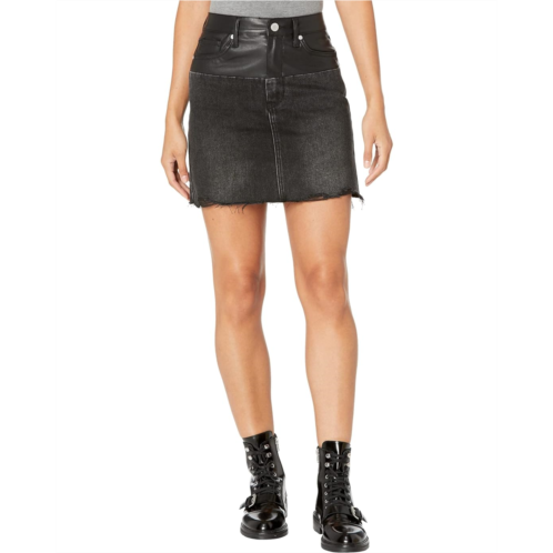 Blank NYC Leather and Denim Patchwork High-Rise Miniskirt with Raw Hem in Twist Of Fate