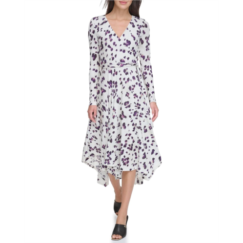 Womens DKNY Long Sleeve Print V-Neck Wrap Dress