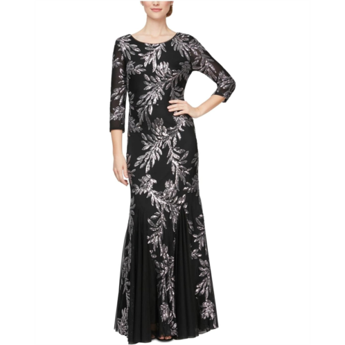 Alex Evenings Long Fit-and-Flare Dress with Godet Detail Skirt and 3/4 Sleeves