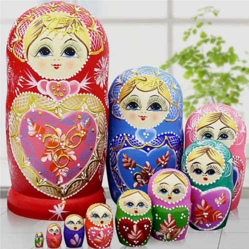 Jeccffes Russian Nesting Dolls Matryoshka Wood Stacking Nested Set 10 Pieces Handmade Toys for Children Kids Christmas Mothers Day Birthday