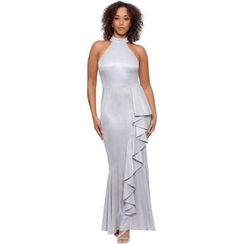 Betsy & Adam Mock Neck Galaxy Glitter Mermaid Gown