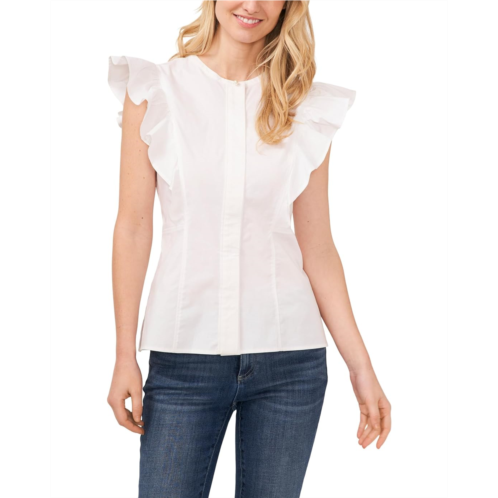 Womens CeCe Flutter Ruffle Sleeveless Cotton Poplin Blouse