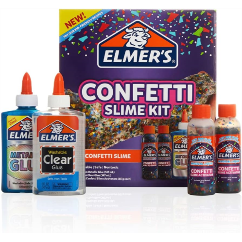 Elmer s Elmers Confetti Slime Kit, Slime Supplies Include Metallic Glue, Clear Glue, Confetti Magical Liquid Slime Activator, 4 Count