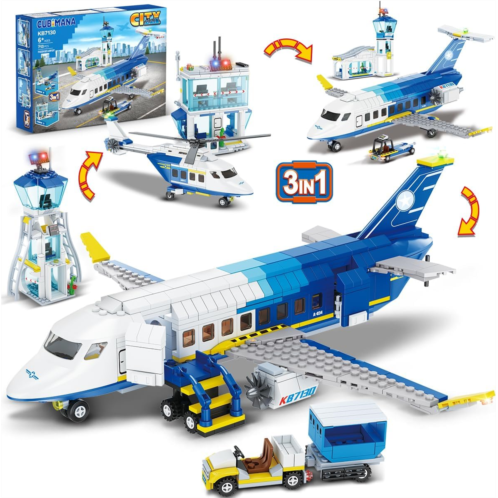 CUBIMANA City Passenger Airplane Building Set, 711 PCS 3 IN 1 Plane Building Blocks Kit with Airport Terminal, Radar Tower, Luggage Truck, Planes Model Toys Gift for Boys Girls Kids 6 7 8 9