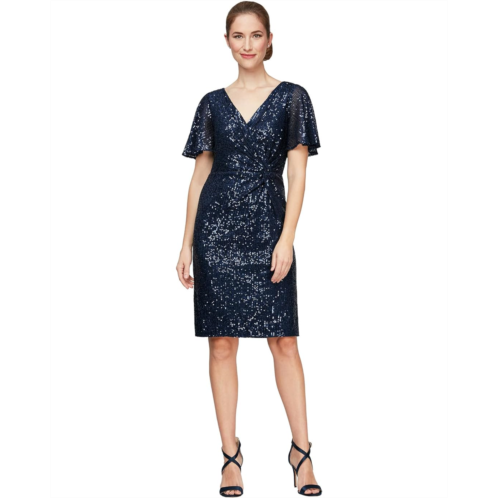 Alex Evenings Short Surplice Neckline Dress with Knot Front Detail and Flutter Sleeves