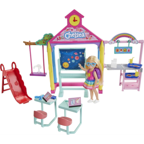 Barbie Club Chelsea School Playset with Blonde Small Doll & Classroom Accessories, Flipping Blackboard, Cafeteria, Desks & More