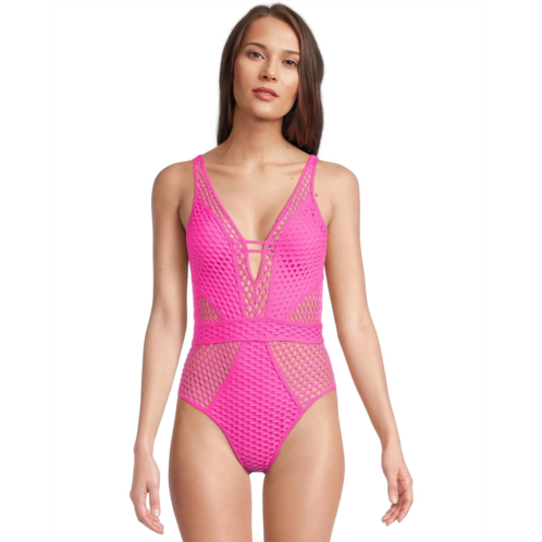 Womens BECCA Castaway Fishnet Texture Plunge One Piece