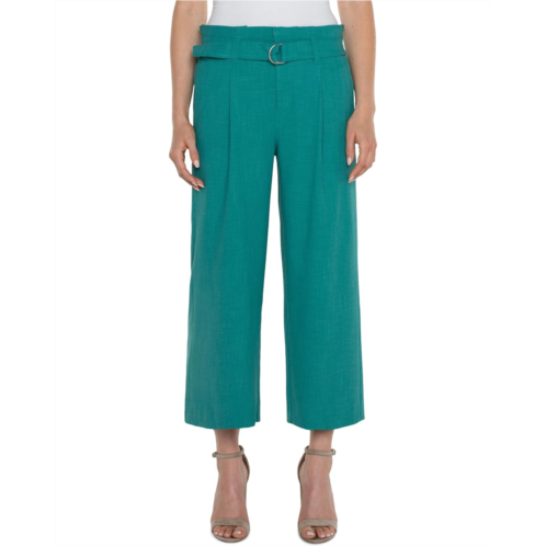 Womens Liverpool Los Angeles Belted Mid Rise Paper Bag Wide Leg Crop Stretch Woven Trousers