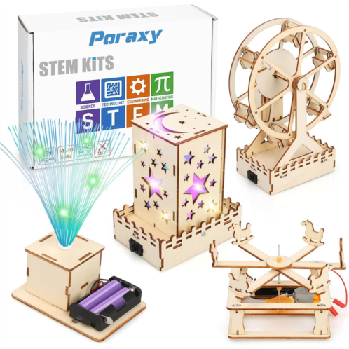 Poraxy 4 in 1 STEM Kits for Kids Age 8-10-12, Science STEM Projects for Kids Age 8-12, 3D Puzzles, Educational Craft Building Toys, Christmas Birthday Gifts for Girls Boys 6 7 8 9
