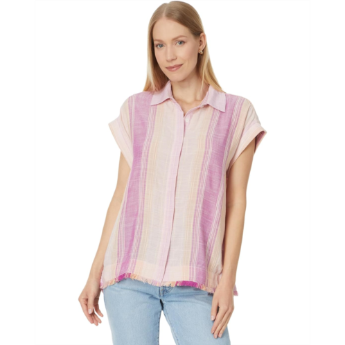 Womens Liverpool Los Angeles Collared Camp Shirt with Hi-Low Hem and Fray Hem