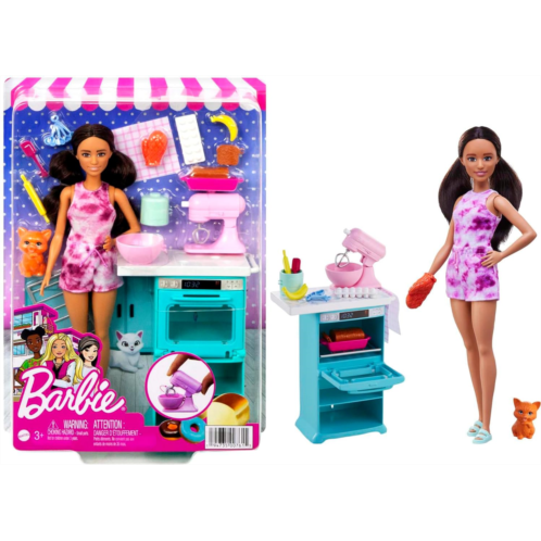 Barbie Doll and Kitchen Playset, Petite Brunette with Pet Kitten and Baking Accessories, Oven and Spinning Mixer