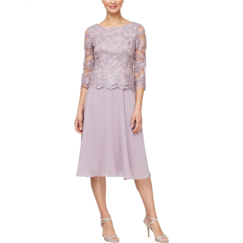 Womens Alex Evenings Tea Length Embroidered with Full Skirt