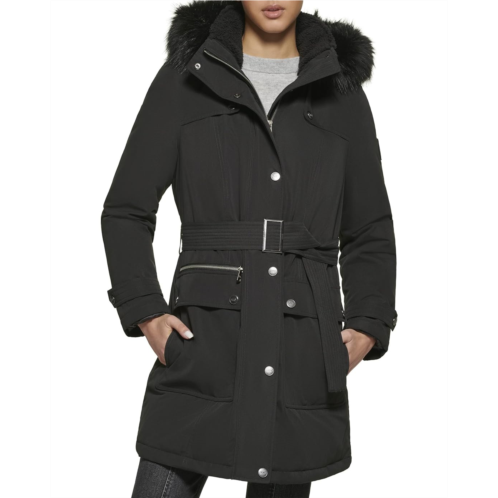 Womens DKNY Faux Fur Hood Belted Anorak