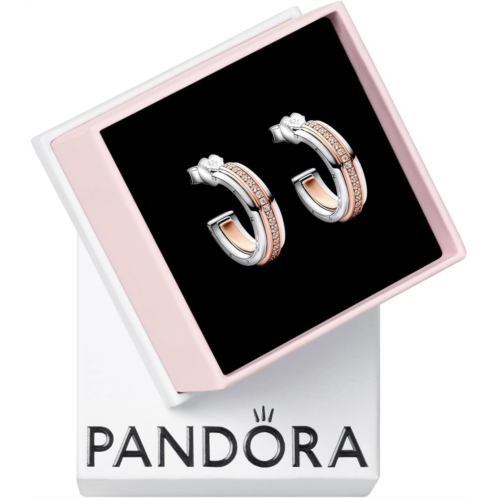 PANDORA Signature Two-tone Logo & Pave Hoop Earrings - Sterling Silver & 14k Rose Gold-Plated Hoop Earrings with Cubic Zirconia for Women - Gift for Her - With Gift Box