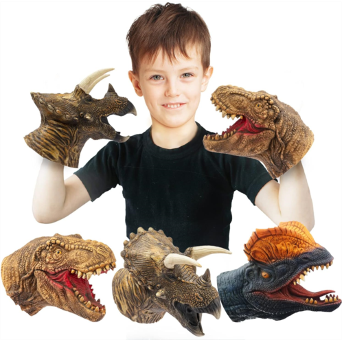 Yolococa Dinosaur Hand Puppets Realistic Latex Soft Animal Head Toys Set, Hand Puppet Toys Gift for Kids, Party Show Imaginative Play (Tyrannosaurus & Triceratops & Dilophosaurus)