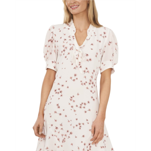 CeCe Puff Sleeve V-Neck Printed Dress with Ties