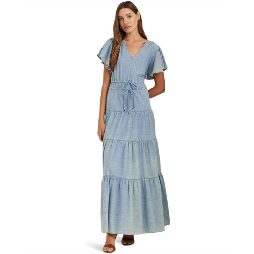 POLO RALPH LAUREN Womens Lauren Ralph Lauren Petite Chambray Tiered Maxidress