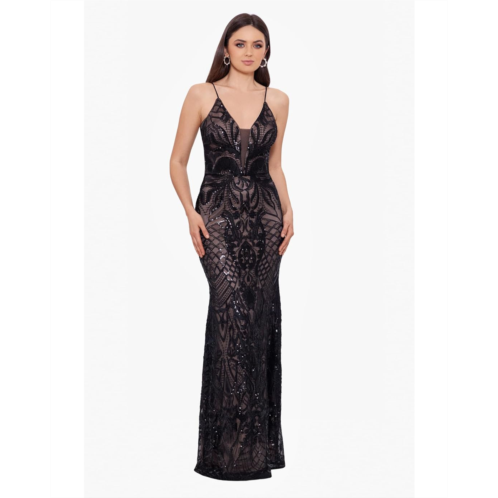 Womens Betsy & Adam Long Deep V Patterned Sequin Dress