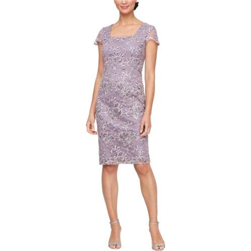 Alex Evenings Embroidered Sheath Dress with Cap Sleeves and Square Neckline