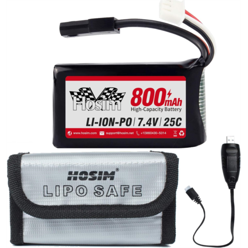 Hosim New Version Rechargeable 7.4V 800mAh 25C 2S LiPo Battery Pack 7.4V JST Plug,1pcs 2AUSB and 1pcs Bag Spare Replacement Parts Assessory for 9130 9135 9136 9138 1/16 Scale All T