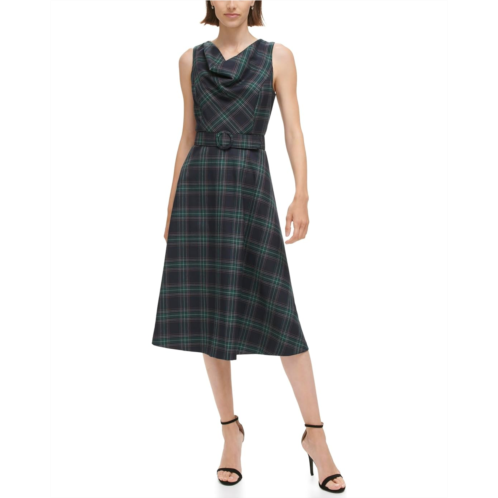 Vince Camuto Plaid Cowl Neck Fit-and-Flare Belted Midi Dress