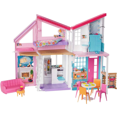 Barbie Malibu House 2-Story, 6-Room Dollhouse with Transformation Features, Plus 25+ Pieces Including Furniture, Patio Fence and Accessories, for Kids 3 Years Old and Up