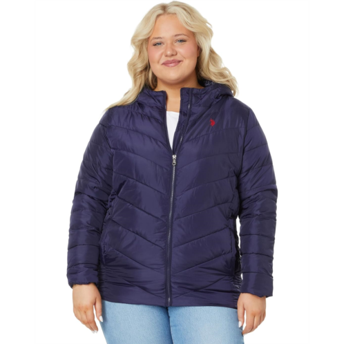 U.S. POLO ASSN. Plus Size Chevron Cozy Faux Fur Lining Quilted Hooded Puffer with Side Panel