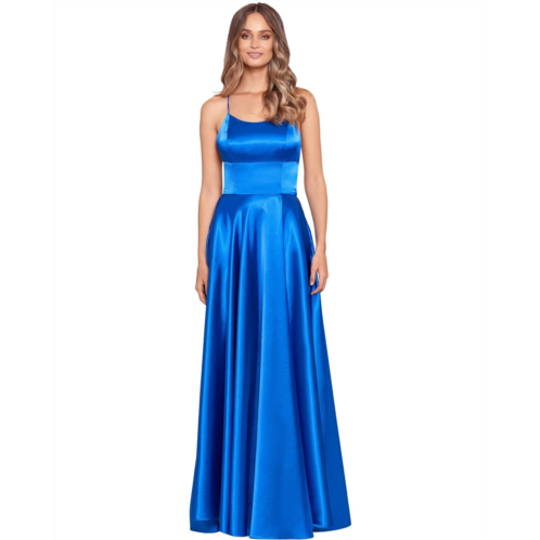 Betsy & Adam Satin Open Back Gown w/ Wrap Skirt