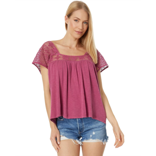 Womens Lucky Brand Square Neck Lace Beach Tee