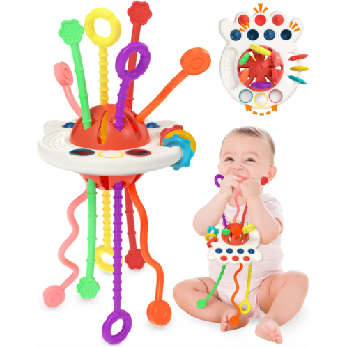 Yetonamr Baby Sensory Montessori Toy for 6-12-18 Months, Pull String Silicone Teething Toy, Birthday Gift Travel Toy for 1 2 Year Old Boy and Girl Infant Toddlers 8 9 10 Months Old