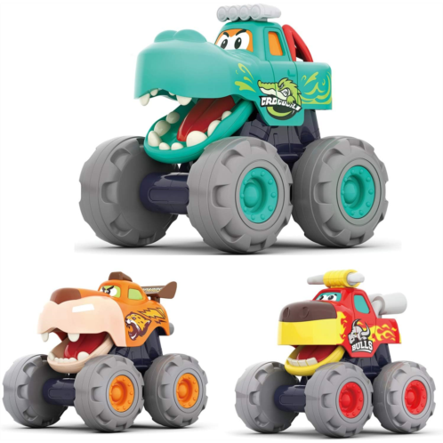 MOONTOY Toy Cars for 1 2 3 Year Old Boys, 3 Pack Friction Powered Cars Pull Back Toy Cars Set - Bull Truck, Leopard Truck, Crocodile Trucks, Push and Go Toy Cars for Toddler Boys B