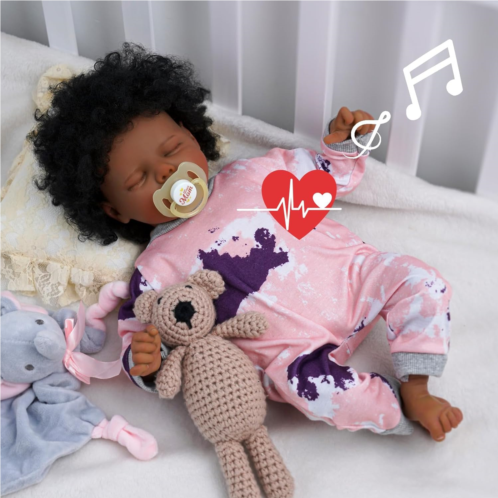 JIZHI 3 in 1 Lifelike Reborn Baby Dolls Black Girl with Coos and Heartbeat - 17 Inch Soft Poseable Realistic Baby Doll Vinyl Sweet Sleeping Real Life Baby Dolls for Kids Age 3+
