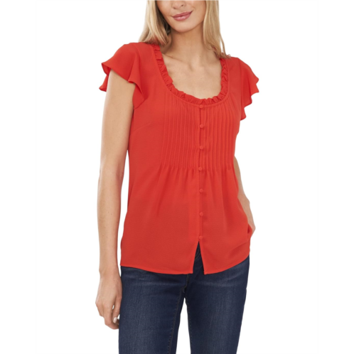 CeCe Pin Tuck Ruffled Button Front Blouse