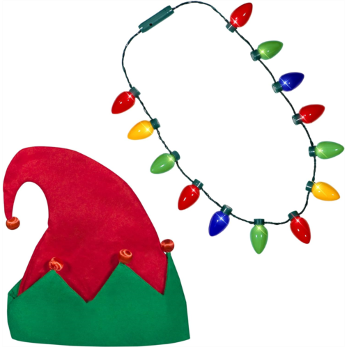 Windy City Novelties Ugly Sweater Christmas Party Kit - Holiday LED Elf Hat + LED Christmas Bulb Necklace Combo (LED Elf Hat + Necklace)
