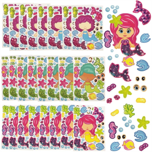 ArtCreativity Make Your Own Mermaid Sticker Set, 24 Sheets, Customizable Mermaid Stickers for Girls, Fun Crafts Classroom Activity, Mermaid Party Favors for Kids, Goodie Bag Filler