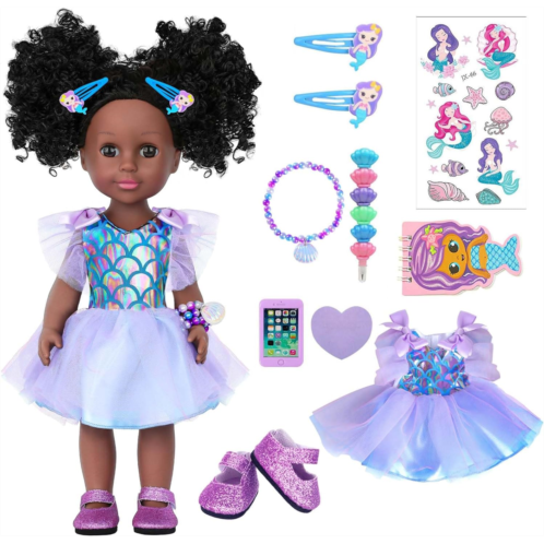 UZIDBTO 14.5 Inch Black Dolls Realistic Baby Doll Clothes and Accessories,Silicone African Baby Doll with Doll Princess Deep Sea Theme Dress Best Gift for Girls Kids