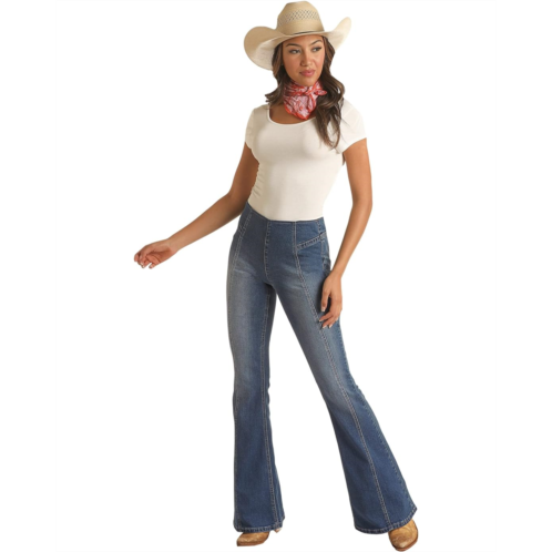 Rock and Roll Cowgirl High-Rise Bargain Bell Indigo w/ Flat Front Seams Pull-On Flare in Medium Wash